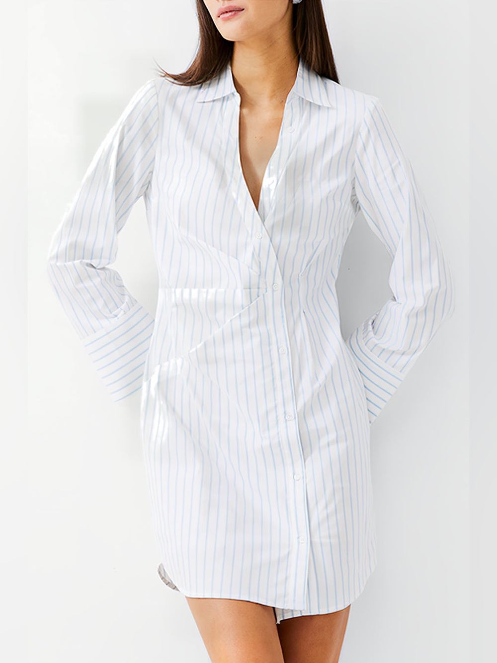 French Connection Isabelle Stripe Stretch Poplin Button-Down Shirt Dress - Sz S
